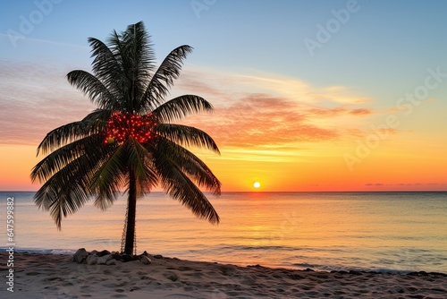 Decorated palm tree stands on the beach on the seashore. Celebrating christmas and New Year on the tropical resort.