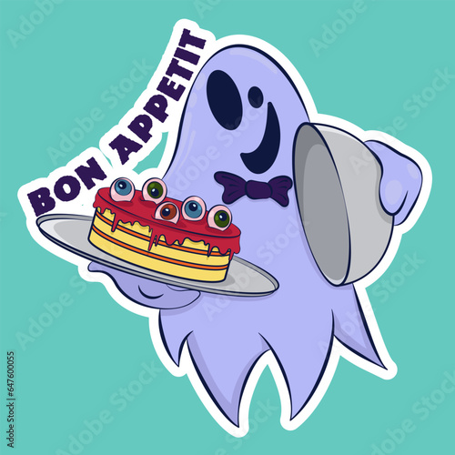 Image of a funny ghost. Sticker with a ghost. Halloween sticker. Cartoon character for comics and postcards – ghost. Vector image