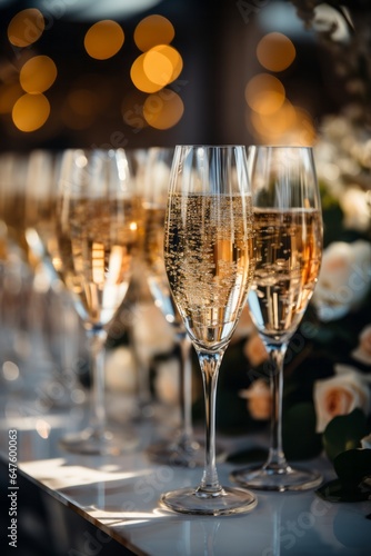 Photo of sparkling glasses of champagne on a table created with Generative AI technology