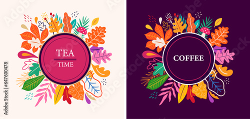 Coffe and tea illustrations. Package design. Autumn colorful templates with autumn leaves