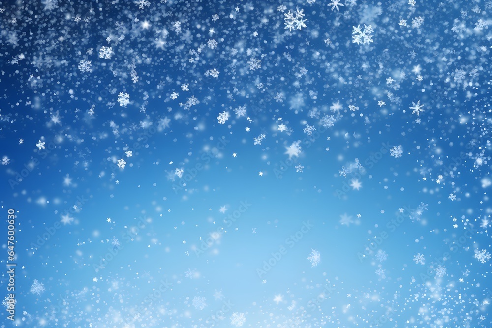 Winter blue sky with falling snow. Winter background. Merry Christmas and Happy New Year.