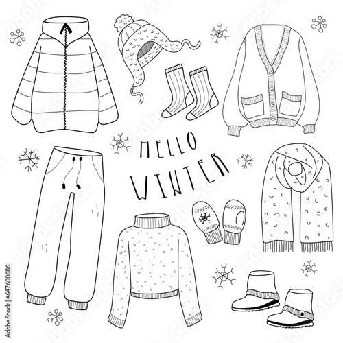 Hand drawn set of winter clothes and accessory hat, scarf, coat, mitten, shoes, sweater. Sketch style doodle for children, christmas design. Isolated vector illustration.