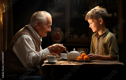 a young boy help to prepare tea break for his grandpa who waiting at table with oranges inside a cottage room 