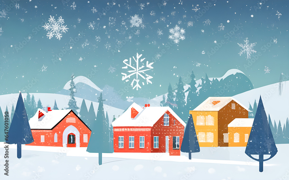 Winter landscape with cute houses and snowflakes.  illustration.