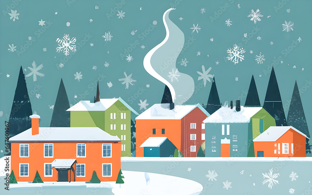  illustration of a winter town with houses and snowflakes.