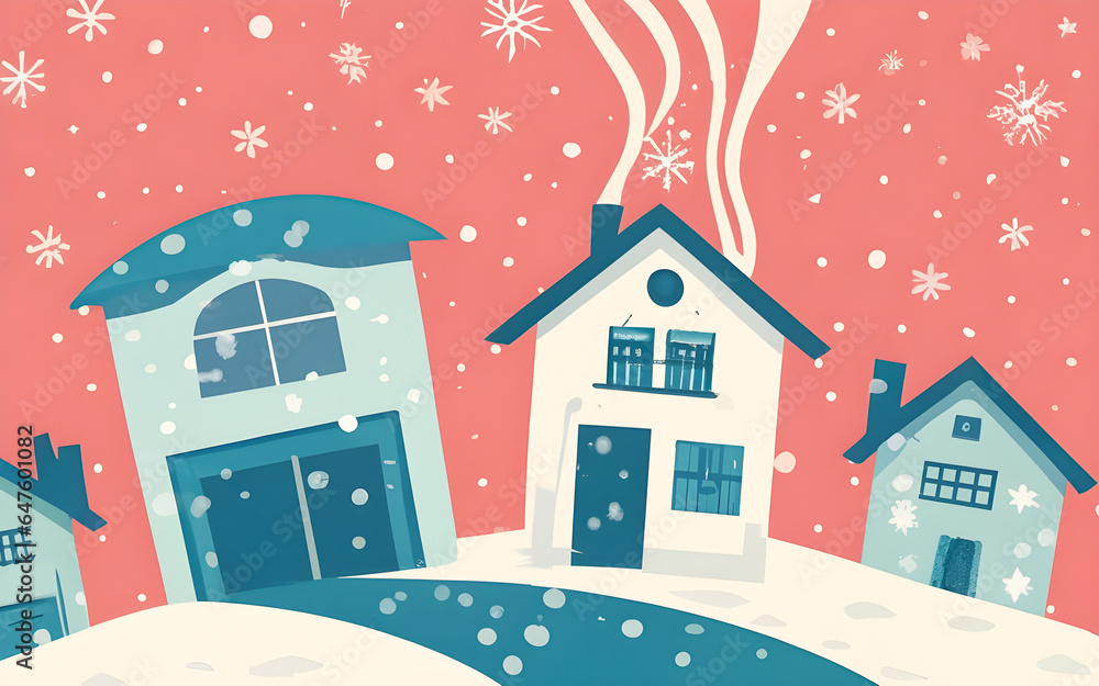 Winter landscape with houses and snowflakes. in retro style.