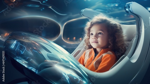 Children ride in a self-driving car controlled by an artificial intelligence autopilot. Future technologies, internet of things and smart devices concept.
