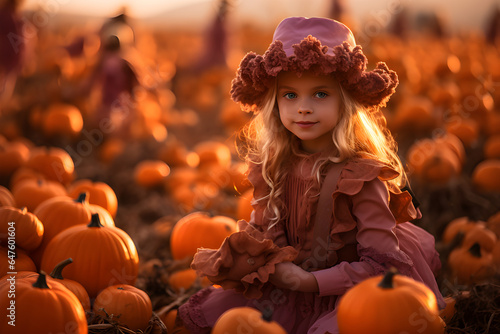 Child wearing Barbie costumes play in a pumpkin field