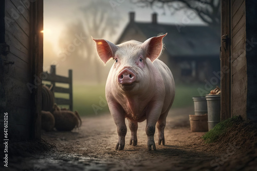 cute pig with a farm in the background illustration © Korvin Brand Studio