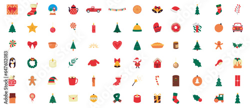Christmas Big Set Icons: Cute Characters, Santa, Toys, Christmas Tree, Sweets, and Gifts. Adorable Palette of Confections. Vector Illustration.