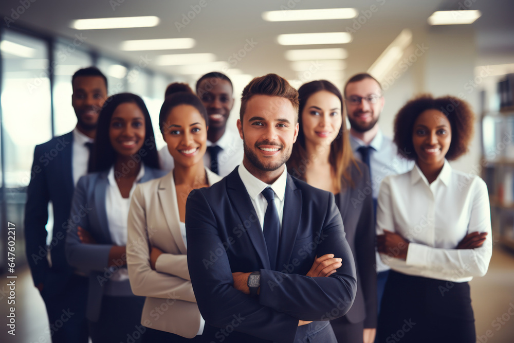 Multiracial diverse business team headed with boss posing to camera. Smiling businesspeople in office. The concept of business. Multiracial diverse business team headed with boss posing to camera. Smiling businesspeople in office. The concept of business.