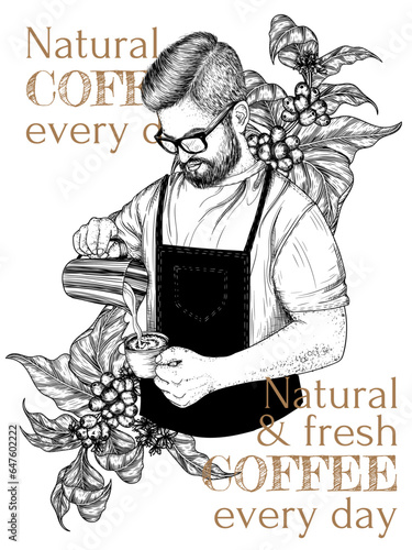 Vector illustration of a barista making coffee on a background of a coffee tree in engraving style