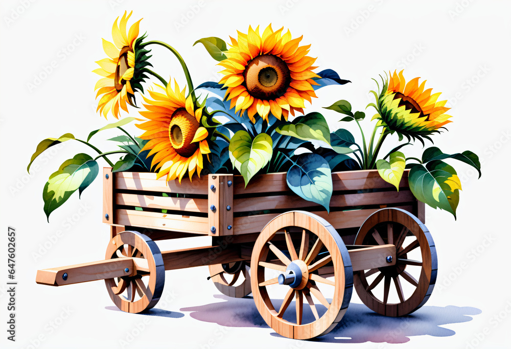Sunflowers in a wooden cart on white background