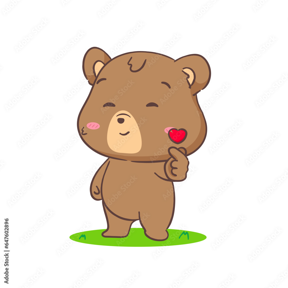 Fototapeta premium Cute brown bear posing love hand sign gesture. Kawaii adorable animal and valentines day concept design. Isolated white background. Vector art illustration.