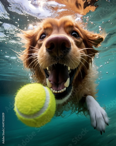 Underwater Tennis-Playing Dog: Captured with Focus Stacking Technique, Emanating Happy Expressionism. Showcasing Amber Tones and Strong Facial Expression. 