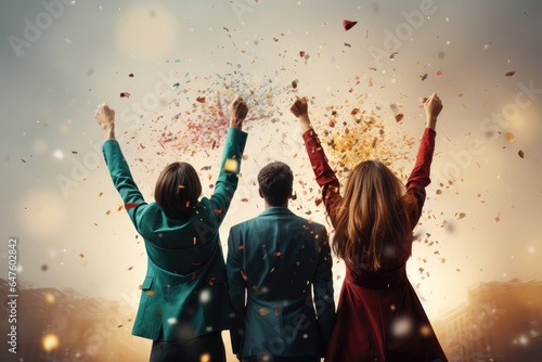 A celebratory background image for creative content, featuring people cheering with confetti flying around, creating a vibrant and jubilant atmosphere for your designs. Photorealistic illustration
