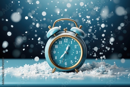 A celebratory background image showcasing an alarm clock on a snowy day with a blurred background, capturing the essence of celebration during the winter season. Photorealistic illustration