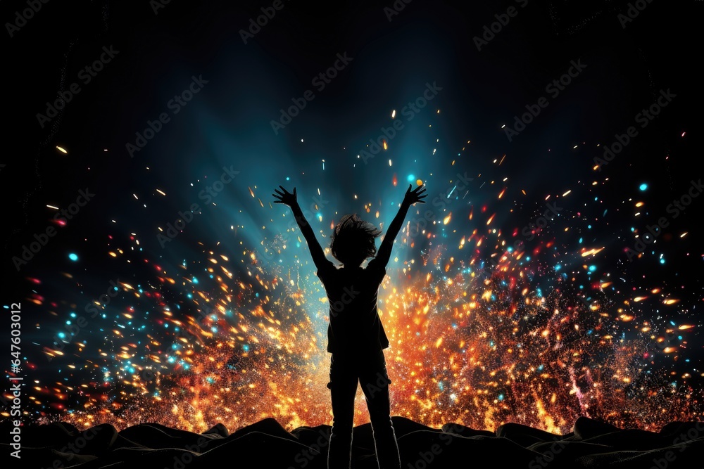A festive background image featuring a girl cheering in front of an explosion of colorful light bursts against a black background. Photorealistic illustration