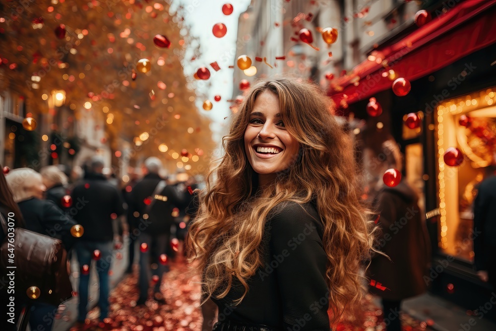 In this festive background, a joyful girl smiling while colorful balloons and confetti fill the air, all against the backdrop of a blurred street bustling with people. Photorealistic illustration