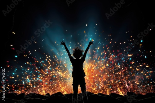 A festive background image featuring a girl cheering in front of an explosion of colorful light bursts against a black background. Photorealistic illustration © DIMENSIONS