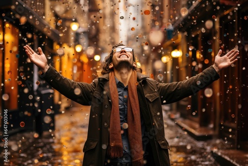 A festive background image for creative content featuring a man cheering amidst imaginary colorful raindrops, with a blurred background. Photorealistic illustration © DIMENSIONS