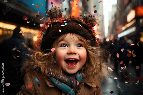 A festive background image for creative content featuring a child running amidst colorful confetti falling, with a blurred city street in the background. Photorealistic illustration