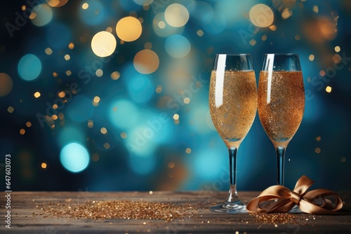 A festive banner for creative content, featuring glasses of champagne set against a backdrop of blurred holiday lights. Photorealistic illustration