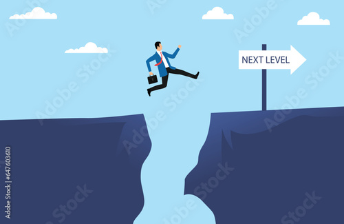 Businessman jumping to another cliff to achieve higher level. Businessman jumping to achieve goal illustration.