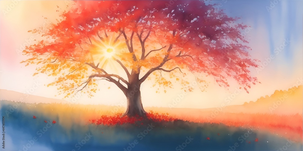 Majestic alone tree on a hill at mountain valley. Dramatic colorful morning scene. Red and yellow autumn leaves. Watercolor style. AI generated illustration Majestic alone tree on a hill at mountain valley. Dramatic colorful morning scene. Red and yellow autumn leaves. Watercolor style. AI generated illustration