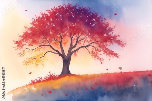 Majestic alone tree on a hill at mountain valley. Dramatic colorful morning scene. Red and yellow autumn leaves. Watercolor style. AI generated illustration © vector_master