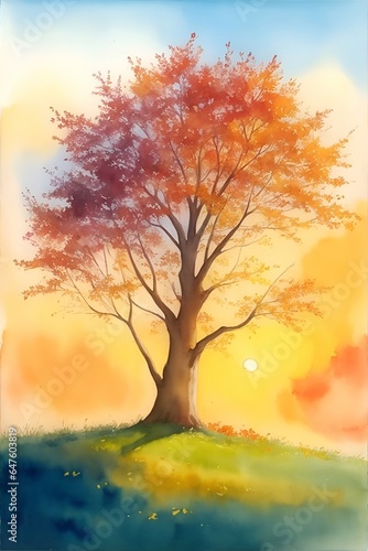 Majestic alone tree on a hill at mountain valley. Dramatic colorful morning scene. Red and yellow autumn leaves. Watercolor style. AI generated illustration © vector_master