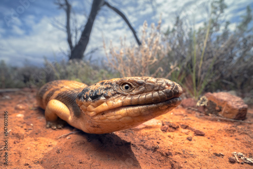 Close-up of a wild western blue-tongued lizard (Tiliqua occipitalis) in outback, Australia photo
