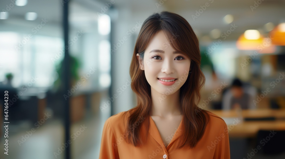 Close up portrait of smiling beautiful millennial businesswoman or CEO looking at camera, happy female boss posing making, confident successful woman at work.