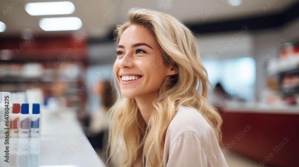 Pharmacist chemist woman standing in pharmacy drugstore Pharmacist chemist woman standing in pharmacy drugstore