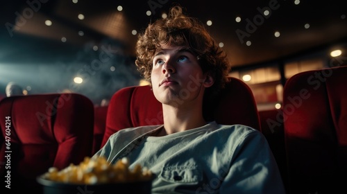 Young man enjoying a movie at the cinema