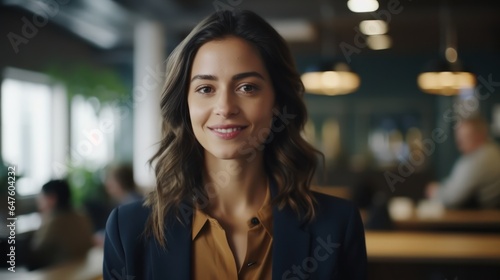 Close up portrait of smiling beautiful millennial businesswoman or CEO looking at camera  happy female boss posing making  confident successful woman at work.