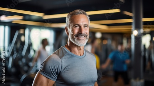 Motivation, fitness and portrait of asenior man in gym wellness and cardio workout. Smile, healthy body and face of senior male after training, exercise and sports goals photo