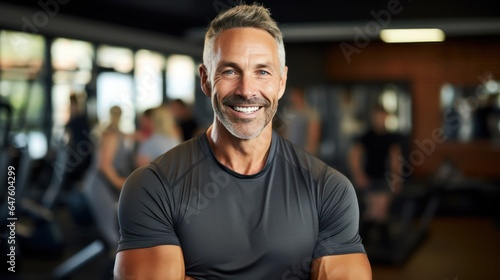 Motivation, fitness and portrait of asenior man in gym wellness and cardio workout. Smile, healthy body and face of senior male after training, exercise and sports goals photo