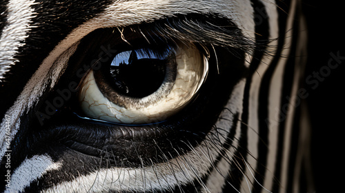 A close up of a zebras eye with a black background