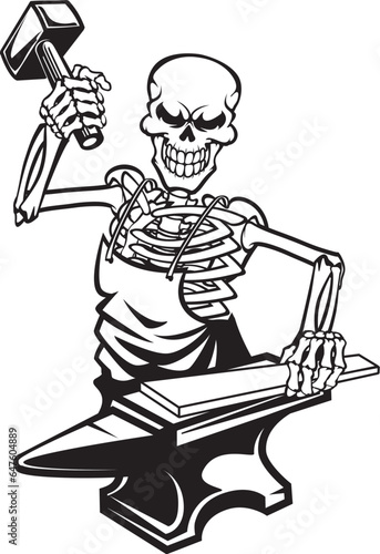 Skeleton blacksmith forging iron on evil with sledgehammer