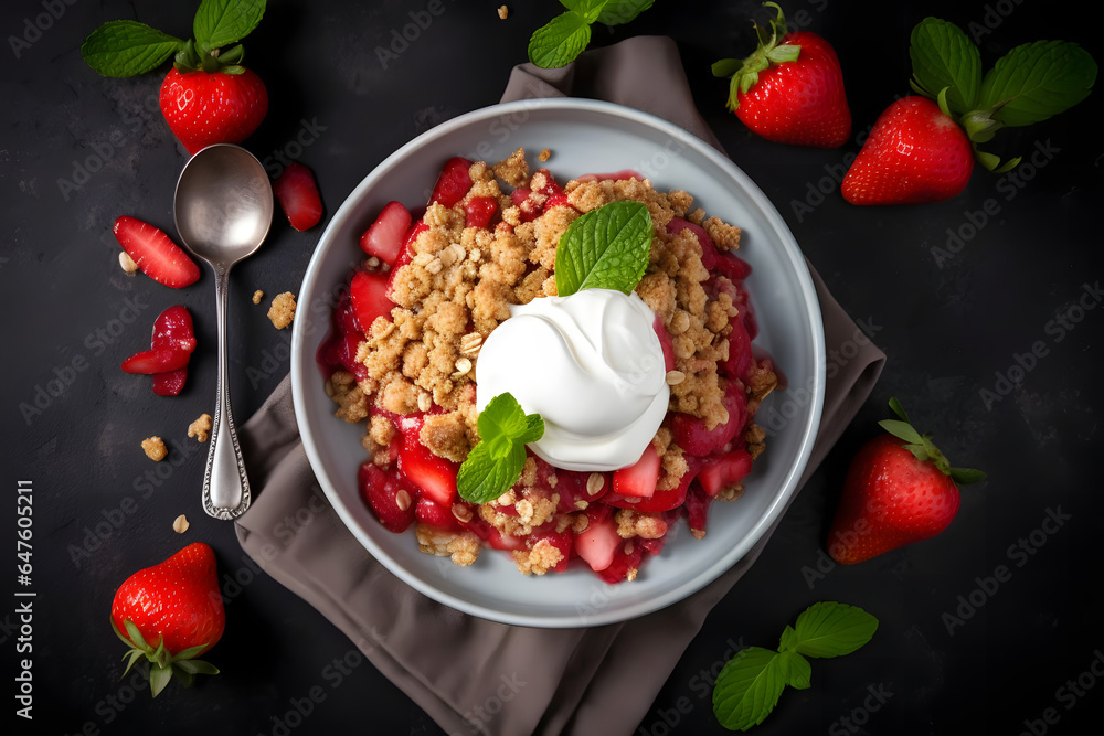 Strawberry Rhubarb Crumble, fruity dessert in a bowl
