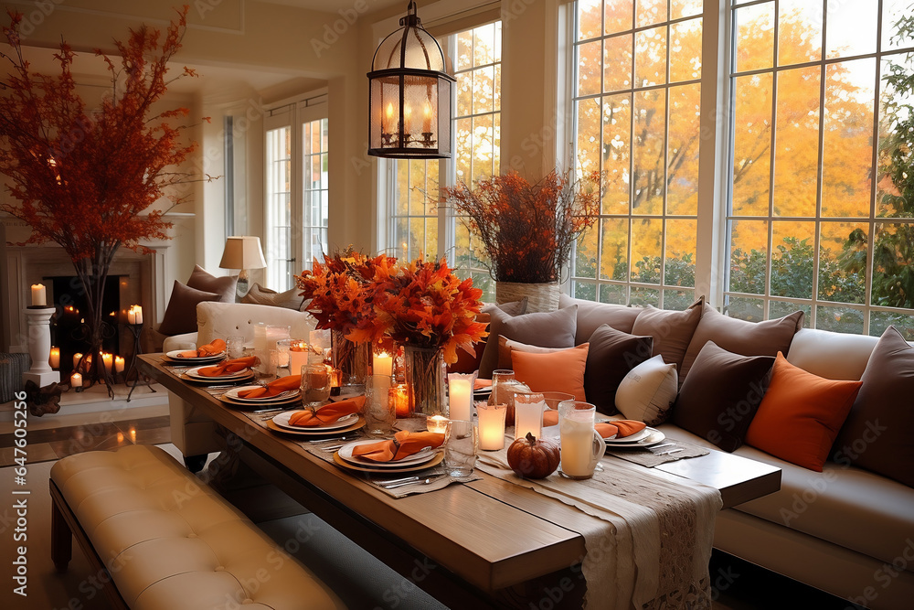 Classic living room with sofa and table setting decorated with pumpkins