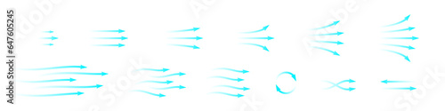 Set of blue arrow showing air or wind flow. Air conditioner direction. Isolated on transparent background element
