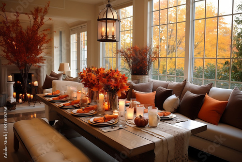 Classic living room with sofa and table setting decorated with pumpkins and flowers for thanksgiving day. AI Generative photo