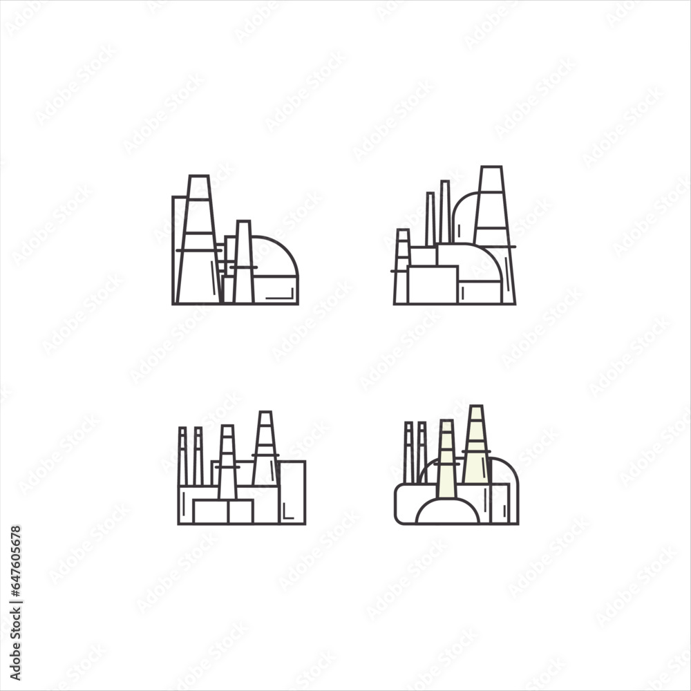 Black and white factory industrial manufacture icon set, logo, isolated vector art with factory, engineering building