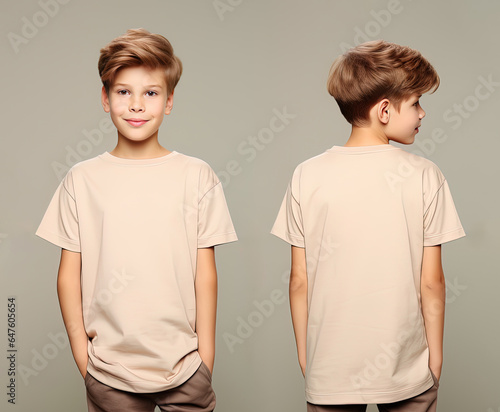 Front and back views of a little boy wearing a beige T-shirt