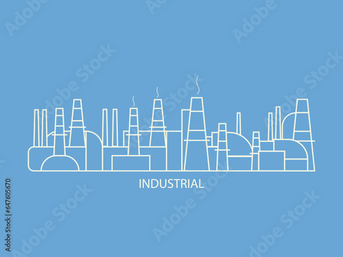Industrial factory labor city vector thin line banner. Manufacture, power station, refinery complex isolated illustration