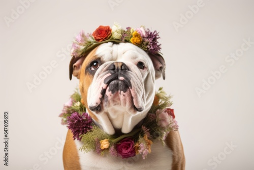 Headshot portrait photography of a cute bulldog wearing a floral collar against a white background. With generative AI technology © Markus Schröder