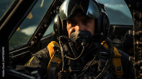 Portrait of a pilot in the cockpit of a military aircraft.