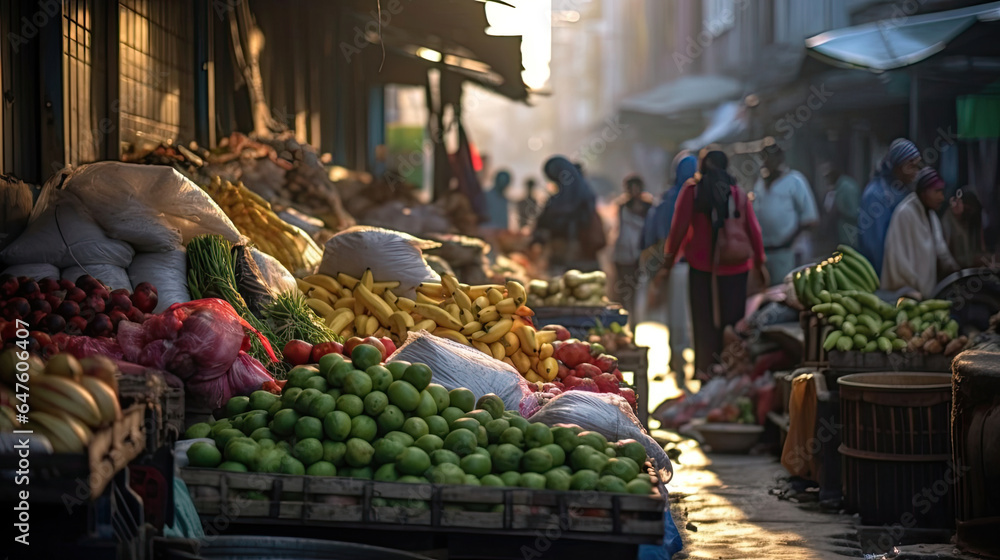 A diversity of vendors and customers, Vegetables and fruits in vegetable market on street. Generative Ai